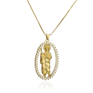 18K gold plated St. Jude pendant necklace with sparkling cubic zirconia on white background