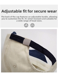 Detail of adjustable metal buckle and blue strap on corduroy baseball cap