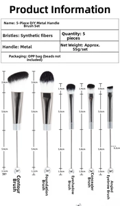 Detailed size chart for 5-piece beadable makeup brush set with fiber bristles and metal handles