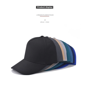 Classic five-panel baseball caps displayed in seven solid colors on a white background