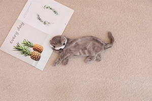 Detailed top view of grey plush otter pencil case with zipper on a beige carpet