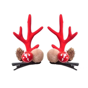 Festive Christmas antler hair clips with pine cones and plush balls for girls