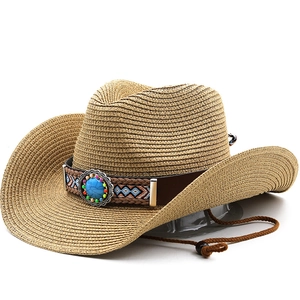 Chapeau De Cowboy En Paille Style Ethnique Bande Turquoise Protection Solaire Plage Extérieur Large Bord Cordon Réglable