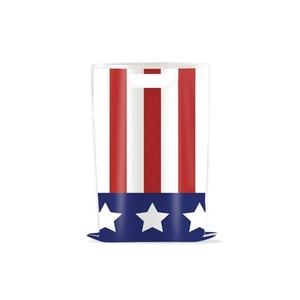 Detail of US flag themed party gift bag with handles and patriotic star stripe pattern