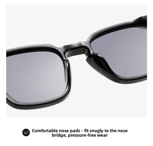 Close-up of comfortable integrated nose pads on black square sunglasses for no-pressure fit