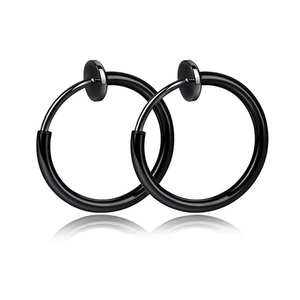 Classic black stainless steel clip-on hoop earrings with a sleek minimalist design