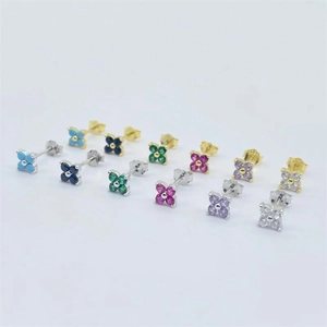 S925 sterling silver four-leaf flower stud earrings with colorful zircon stones