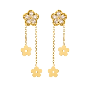 Gold plated long fringe earrings with five-petal flower studs and sparkling zircons
