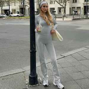 Detail view of casual grey slim-fit ribbed knit two-piece set with long sleeve top