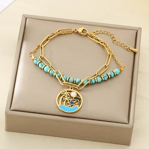 Bohemian turquoise beaded double-layer bracelet with tropical beach charms and gold paperclip chain