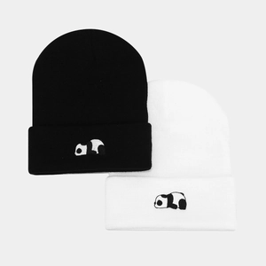 Fashionable knitted beanies with cute panda embroidery in black and white colors
