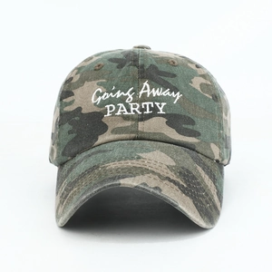 Detailed embroidery of Going Away PARTY text on a camouflage cotton baseball cap