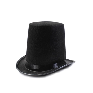 Close-up of 20cm black top hat with satin ribbon detail for magic shows and parties