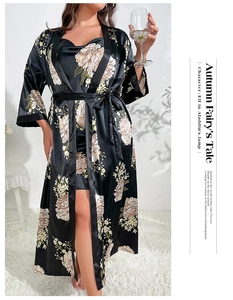 Detailed view of the luxurious black floral satin robe and matching slip dress ensemble