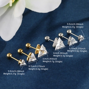 Three sizes of gold and silver triangle stud earrings with clear zircon stones
