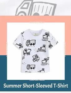 Detail of white cotton boys t-shirt with all-over black construction vehicle prints