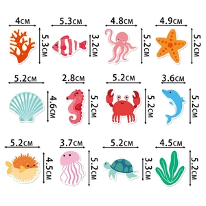 Detailed view of 12 ocean cartoon cupcake toppers with dimensions for party decoration