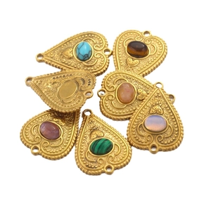 Stainless steel heart pendant connectors with colorful inlaid gemstones for DIY jewelry