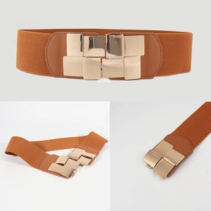 Detailed views of brown elastic waist belt featuring a gold square buckle and PU leather