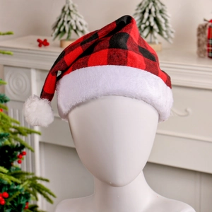 Classic red and black buffalo plaid Christmas hat with white faux fur trim and pom-pom