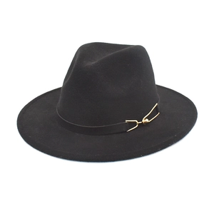 Classic black wool fedora hat with wide brim and gold metal buckle belt decoration