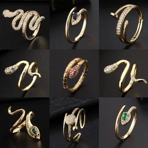 Snake Open Ring For Women Copper Gold Plated With Zircon Rhinestone Animal Shape Vintage Adjustable Finger Jewelry