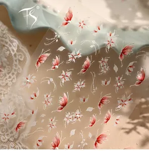 Detailed 5D embossed nail art stickers featuring red butterflies and white floral patterns