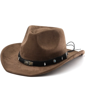 Brown faux suede western cowboy hat with a metal eagle emblem and turquoise bead detail