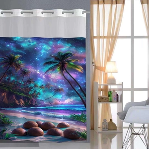 Detail view of starry sky beach shower curtain with durable silver metal grommets