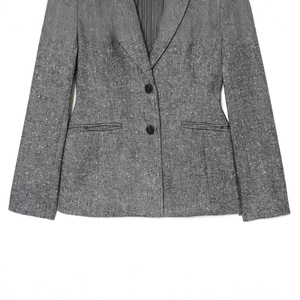 Gray herringbone wool blend blazer for women featuring classic notched lapels and buttons