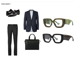 Mens business accessories set featuring blue pinstripe suit and olive green glasses