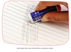 Close-up of plastic eraser removing pencil marks on lined paper with some debris