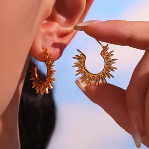Sunflower Ray C-Shape Hoop Earrings 18K Gold Plated Stainless Steel Spiked Radiant Sunburst For Women Fashion Jewelry