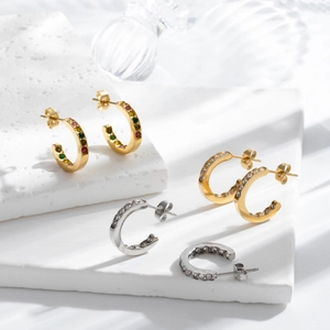 Bohemian Titanium Steel C-Shaped Rhinestone Hoop Earrings For Women Vintage Gold Silver Plated Geometric Inlaid Stud Earrings