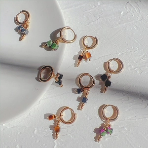 Gold plated titanium steel hoop earrings with natural stone cube pendants
