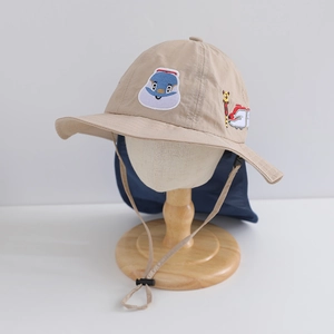 Detail view of khaki quick-dry sun hat with neck protection flap and animal embroidery