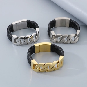 Detailed view of men's leather bracelets with steel Cuban links and magnetic clasps