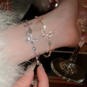 Butterfly Flower Pendant Bracelet Copper Pink Zircon Crystal Adjustable Chain Elegant Fashion Jewelry For Women Girls