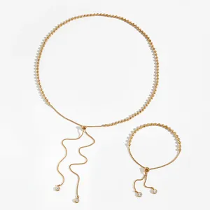 Golden stainless steel bead chain necklace and bracelet set with adjustable zircon drops