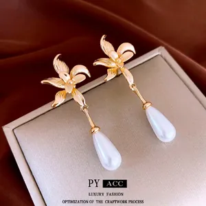 Floral Teardrop Artificial Pearl Drop Earrings With 925 Sterling Silver Earring Post Gold Plated Elegant Vintage Jewelry For Women