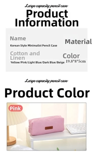 Macro view of pink cotton linen pencil case with basic label and top zipper detail