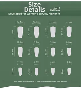 Size chart for short T-shape press-on nails showing 12 dimensions for a perfect fit