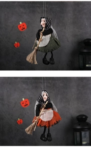 Close-up of Halloween witch dolls with brooms and pumpkins for festive party decoration