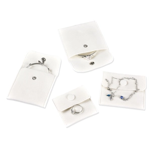 White microfiber jewelry pouches with snap button closure for rings and necklaces