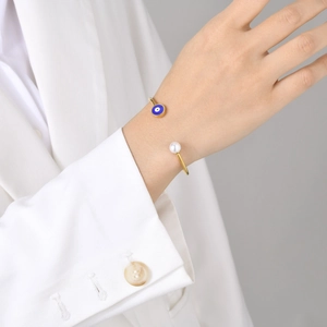 Evil Eye Open Cuff Bracelet Stainless Steel Asymmetric Artificial Pearl Charm Bangle For Women Retro Elegant Jewelry Gift