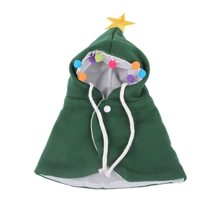Dark green Christmas tree pet cloak with yellow star and colorful pompoms for cats and dogs