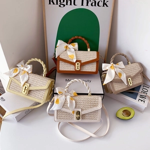 Summer straw tote bag with silk scarf, PU leather trim and metal lock in four colors