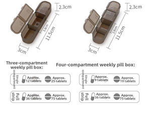 Detailed dimensions of 3 and 4 compartment weekly pill boxes with capsule capacity