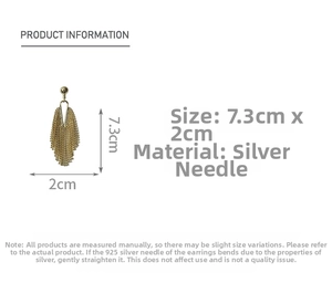 Detail view of gold tassel earrings showing 7.3cm length with silver needle material