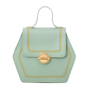 Hexagonal mint green handbag with yellow stitching and gold buckle on white background